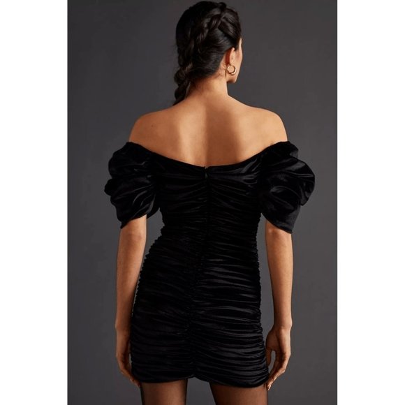 NEW Anthropologie x Hutch Ruched Black Velvet Mini Dress Puff-Sleeved Cocktail - Picture 3 of 7